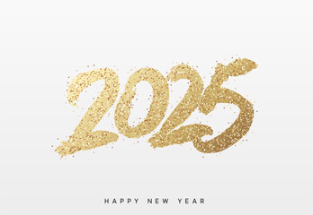 Happy New Year written number golden glitter 2025. Gold glittered 2025 text in a bold, hand painted style on a white background. Vector illustration