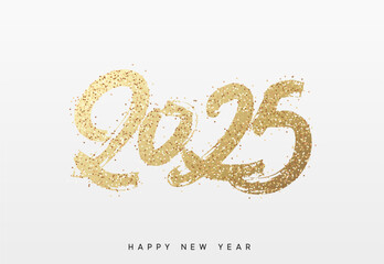 Happy New Year written number golden glitter 2025. Gold glittered 2025 text in a bold, hand painted style on a white background. Vector illustration