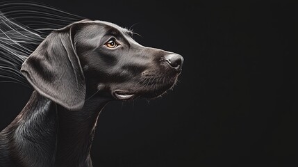  A black dog's face, closely framed against a black backdrop Long white hairs billow in the wind
