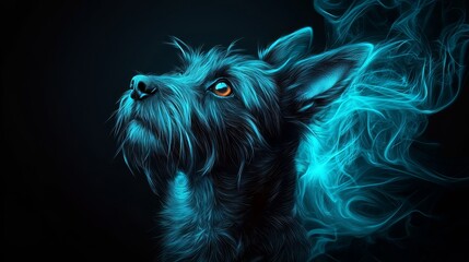  A tight shot of a dog's face, its expressions unreadable, as blue smoke emerges from its back paws