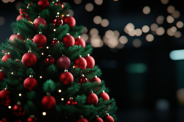Christmas tree with red ornaments and lights