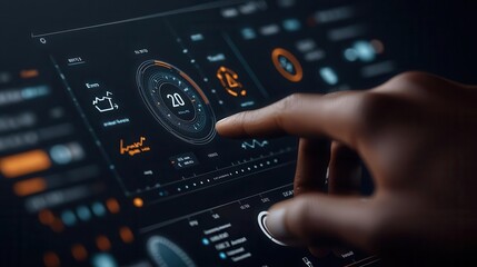 Obraz premium Zoomedin hand on smart thermostat, modern ecofriendly interior, energysaving charts, 3D illustration