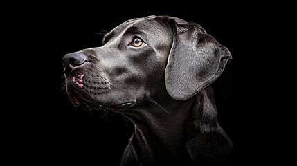  A dog's face in close-up, head tilted to the side, set against a black backdrop
