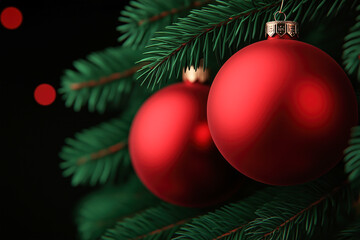 Christmas tree with red ornaments on dark background