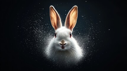  A rabbit's face in tight focus against a black backdrop, embellished with drifting snowflakes and twinkling stars