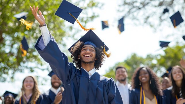 Graduate tossing a cap in the air, wearing a gown, surrounded by friends and family.