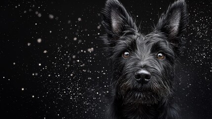 Naklejka premium A tight shot of a black dog's expressive eyes and nose against a black backdrop, speckled with drifting snowflakes beneath
