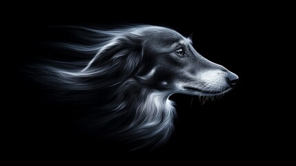 Dog's face, hair flowing in wind against black backdrop