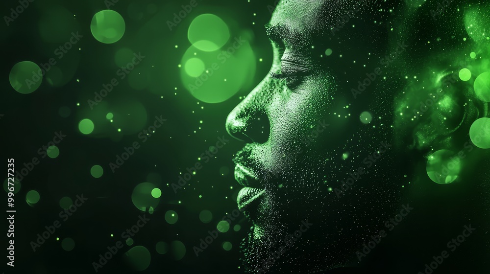 Wall mural a man with closed eyes against a green and black backdrop, emitting circular lights from his face