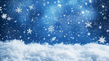 Obraz premium Falling snowflakes on blue Macro Snowflakes, Snow Closeup. Cold winter Illustration for Christmas product, text placement. 3D Serene Winter Design. Background. Christmas New Year Night Falling Snow.