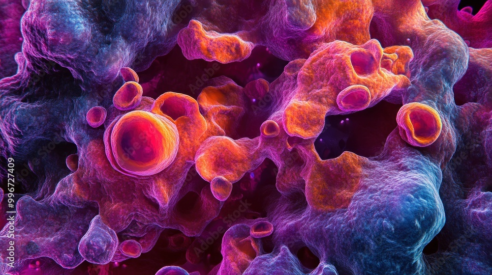 Poster a vibrant, abstract representation of cellular structures under a microscope.