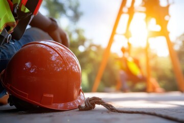 a construction worker sitting on the ground with a hard hat