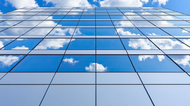 The exterior wall of an office building features a detailed arrangement of numerous windows in varying sizes and shapes, showcasing a modern urban design with clean lines