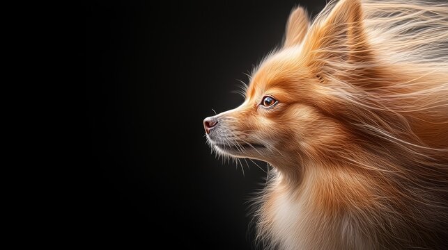  Close-up of a long-haired dog's face against a black background, hair flowing in the wind ..Or, for a more concise