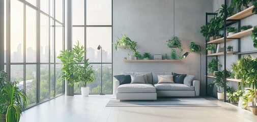 Modern living room with plants, large windows, and a cozy sofa, bright natural light.