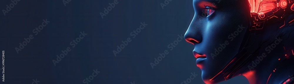 Poster a futuristic robot head design showcasing advanced technology and neon lighting, symbolizing artific