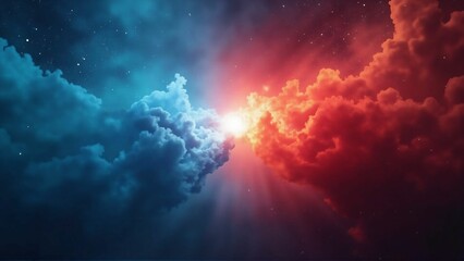 青と赤と雲のようなエネルギーの塊が混ざりあうようにせめぎ合っているぶつかりあっているグラフィック

A clashing graphic in which blue, red, and cloud-like masses of energy are jostling and intermingling.
