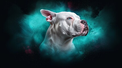  A tight shot of a dog's expressive face against a backdrop of blue and green hues, with floating bubbles of water nearby
