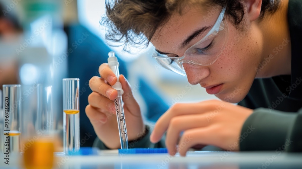 Poster a young student conducts an experiment using a pipette and test tubes in a laboratory setting.