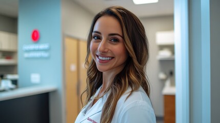 Smiling healthcare professional in a modern clinic setting.