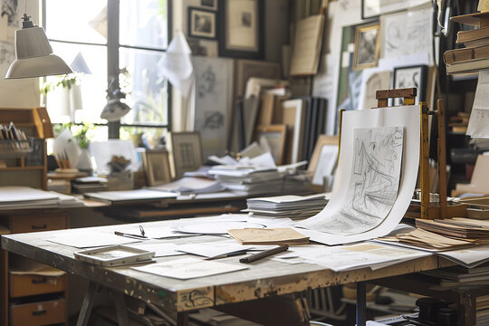 Artist's Studio Brimming with Creative Paper Sketches and Designs