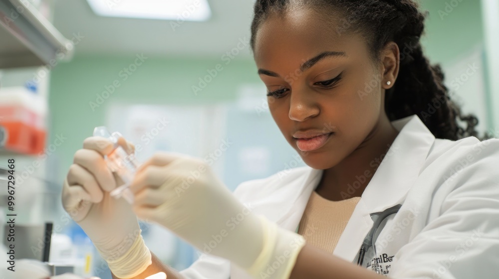 Poster a focused scientist in a lab coat conducts an experiment with a vial and pipette.