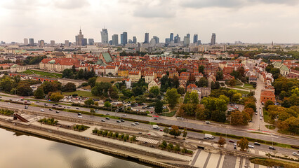 Fototapeta premium Aerial view of Old Town and modern skyline in Warsaw, Poland
