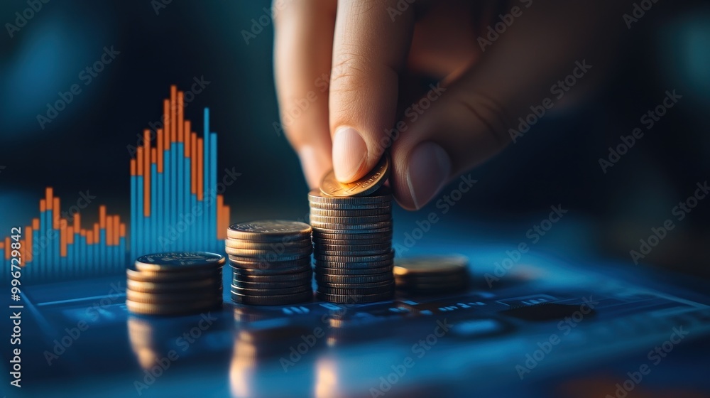 Poster a hand stacking coins on a digital interface with financial graphs.