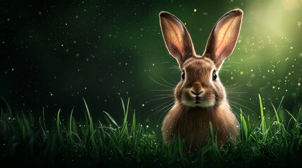 Obraz premium A tight shot of a rabbit in a lush grass field, basking under the sun's radiant glow on its back