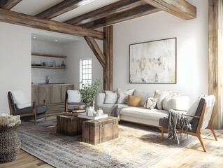 Fototapeta premium Cozy and inviting modern farmhouse style living room with distressed wood beams plush area rug and rustic decor accents