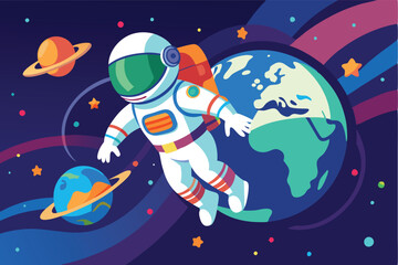 Astronaut floating in space with Earth in the background. Colorful illustration for space exploration, science fiction, and dreams of the future