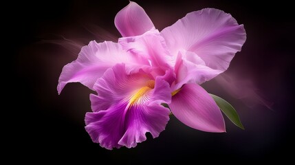 Fototapeta premium A pink flower, tightly framed against a black backdrop, with a softly blurred flower outline in the distance