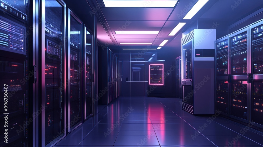 Poster a futuristic data center with glowing lights and server racks.