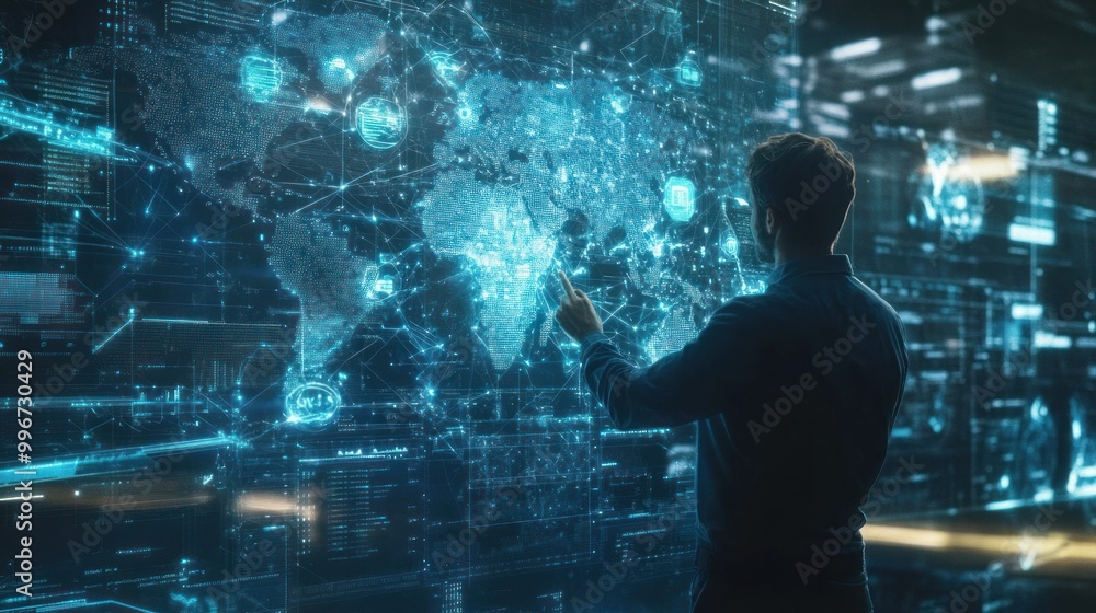 Aufkleber a person interacts with a digital world map, analyzing data and connections.