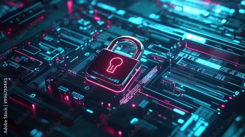 Poster a digital padlock on a circuit board, symbolizing cybersecurity and data protection.