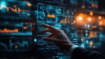 Obraz premium A hand interacts with a digital interface displaying various data visualizations.