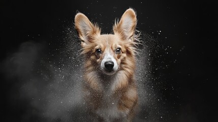 Obraz premium Close-up of a dog's face with water dripping from its ears against a black backdrop