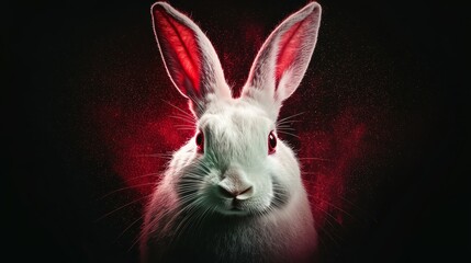  A rabbit's face, closely framed, with red lights emanating from its ears against a black backdrop