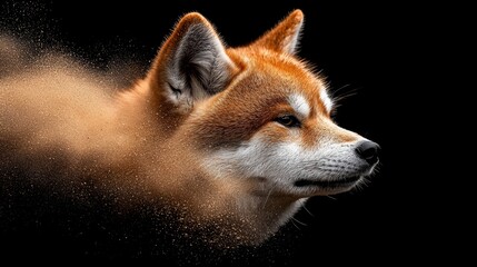Fototapeta premium A tight shot of a dog's expressive face, its fur matted with grains of sand against a stark black backdrop