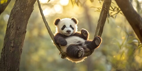 Obraz premium A cute baby panda relaxing in a tree. The soft fur and playful expression capture the joy of nature. This image reflects warmth and charm. Perfect for wildlife lovers. AI