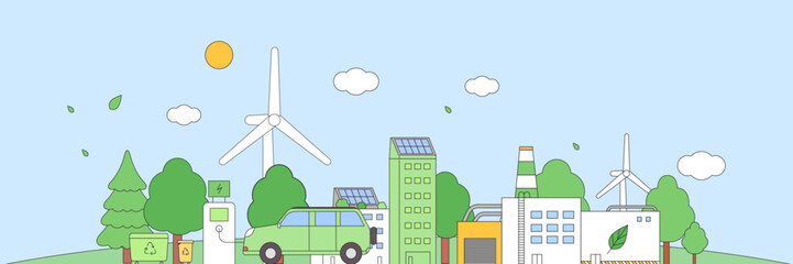 ESG, green energy, sustainable industry. Ecological production integration concept banner. Environmental, Social, Corporate Governance vector illustration. Eco cityscape scene or landscape background.