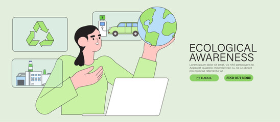 Woman eco activist tell about earth green power sources. ESG, green energy, sustainable industry or ecological production banner. Environmental, Social, Corporate Governance vector illustration.