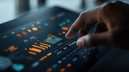 Detailed closeup of a hand interacting with a smart thermostat, digital energy savings graph overlay, minimalist, modern architecture setting