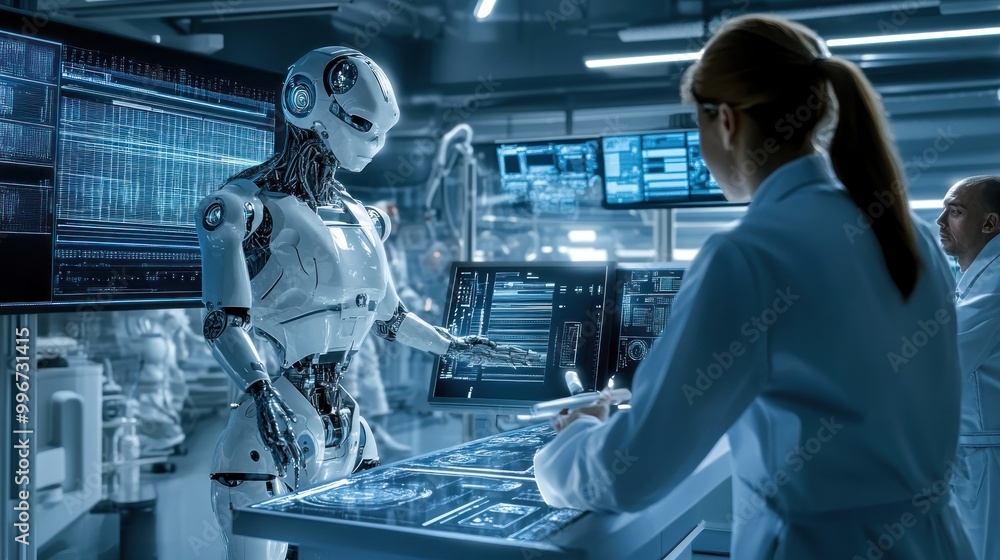 Aufkleber a scientist interacts with a humanoid robot in a high-tech laboratory setting.