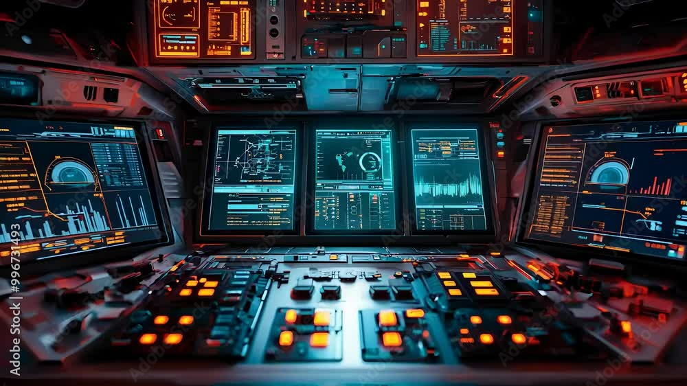Poster futuristic control panel with illuminated screens, buttons, and switches, showcasing advanced techno