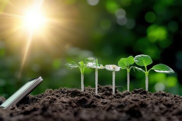 a garden with plants and a watering can