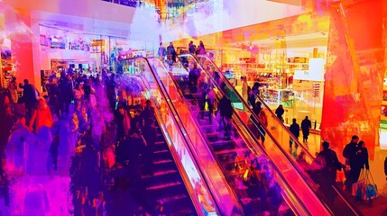 Chaotic crowds of bargain seeking consumers flooding the floors of a flagship department store driven by consumerist fervor and the allure of seasonal discounts and sales promotions