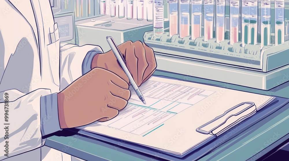 Poster a scientist fills out a form in a laboratory setting with test tubes in the background.
