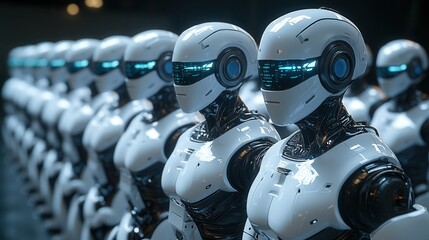 Fototapeta premium A futuristic scene featuring a lineup of humanoid robots with sleek designs and glowing facial features.