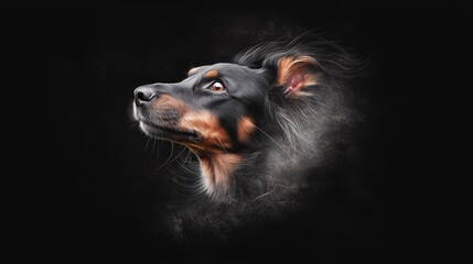 Fototapeta premium A dog's close-up face with smoke emanating from its ears against a black backdrop